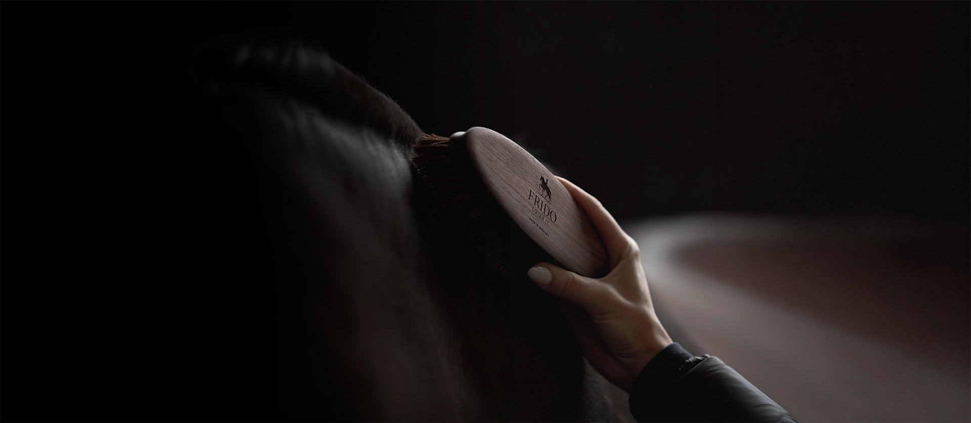 Wurzelbürste aus Nussbaumholz mit Lasergravur am Hals eines braunen Pferdes, dunkles Licht, schwarzer Hintergrund